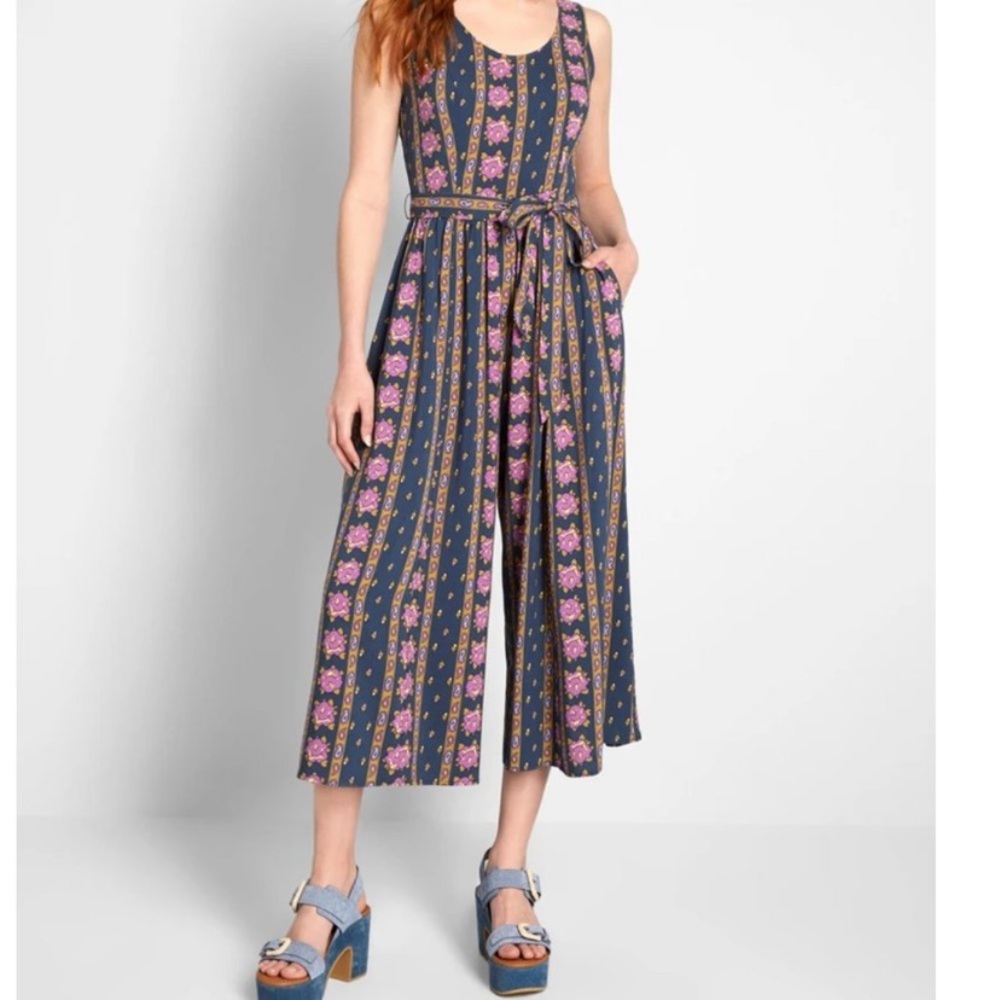 ModCloth Navy Floral Striped Sleeveless Jumpsuit with Pink Accents- NWT